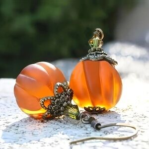 Vintage-Inspired Amber Glass Pumpkin Dangle Earrings